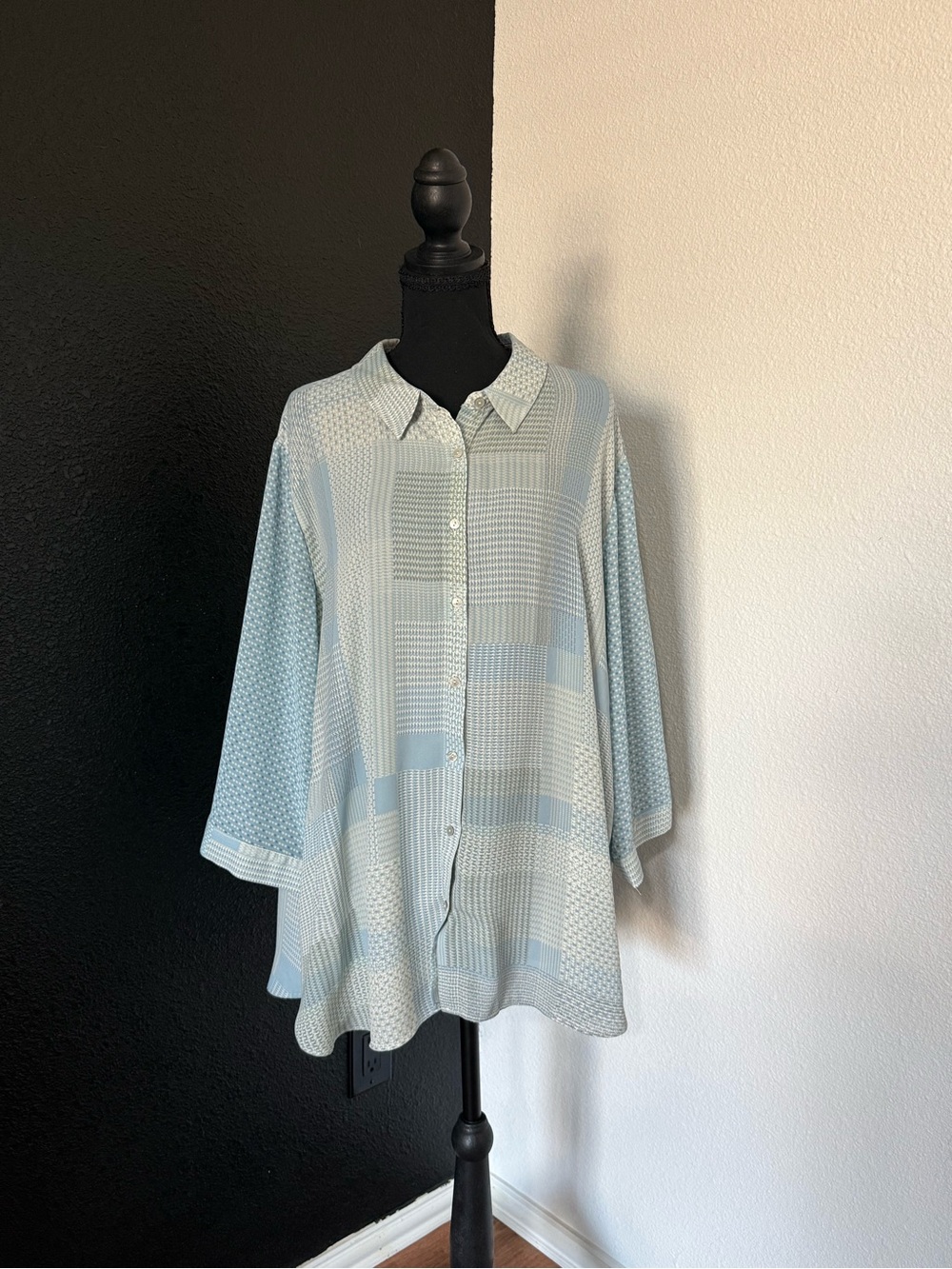 Rose + Olive Pastel Patchwork Geometric Button-Up Blouse - Size 3X